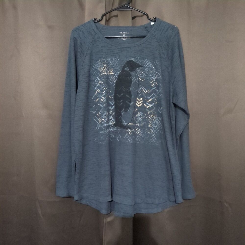 Sonoma Life & Style Everyday Tee Women's Long Sleeve Penguin Shirt 1X